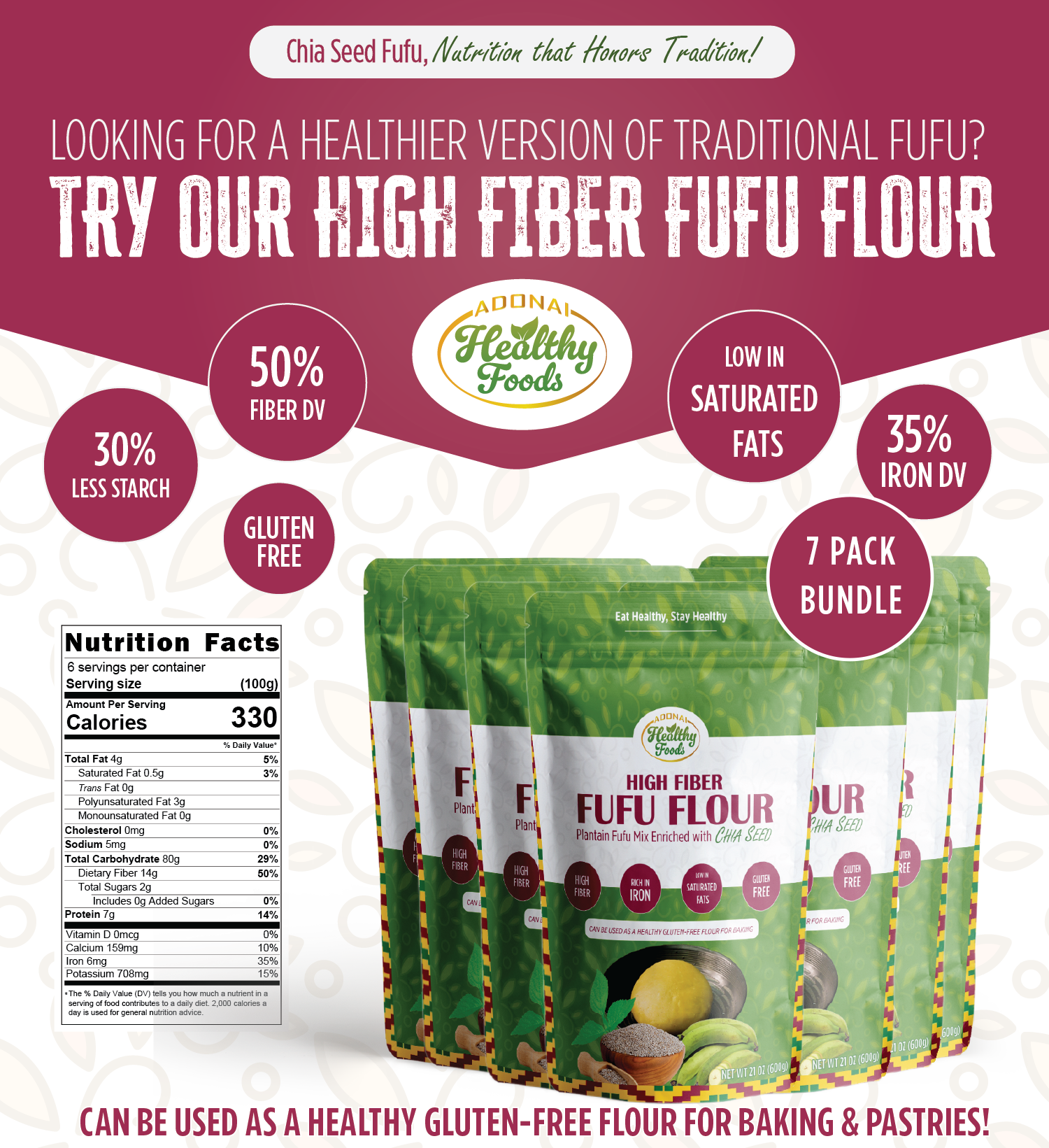 High Fiber Fufu Flour Enriched With Chia Seed — 7-Pack Bundle (Free Shipping)